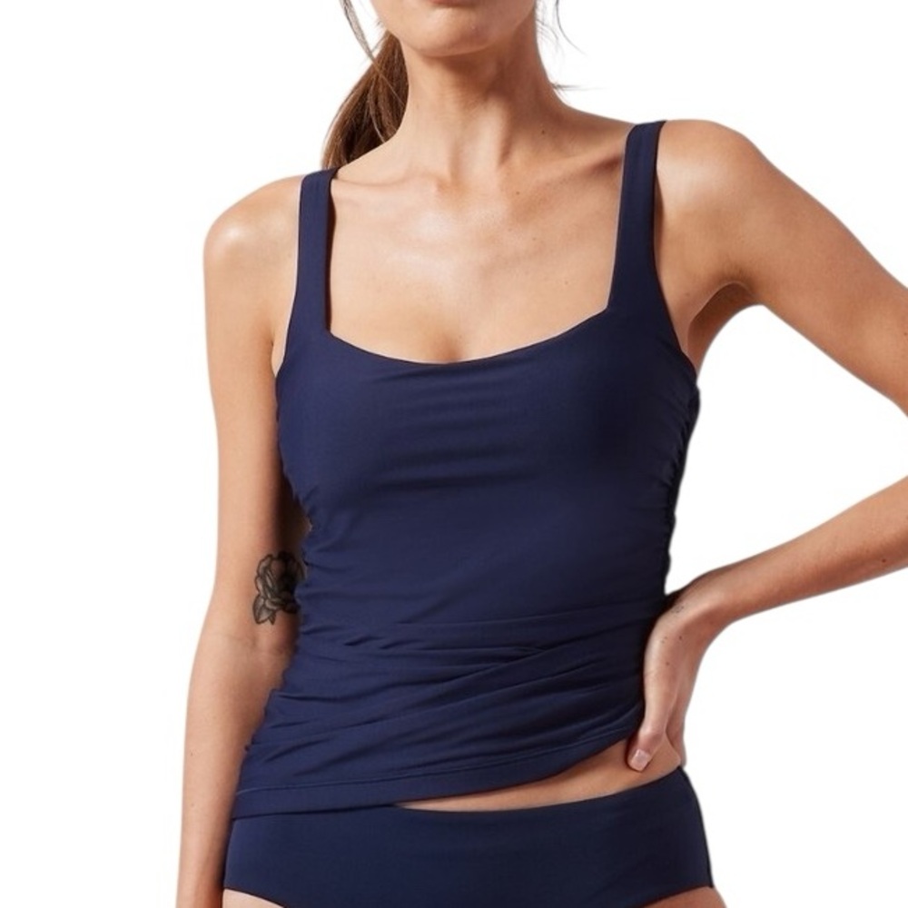 ATHLETA solid navy square neck underwire bra top tankini swim top 32 B/C NWOT